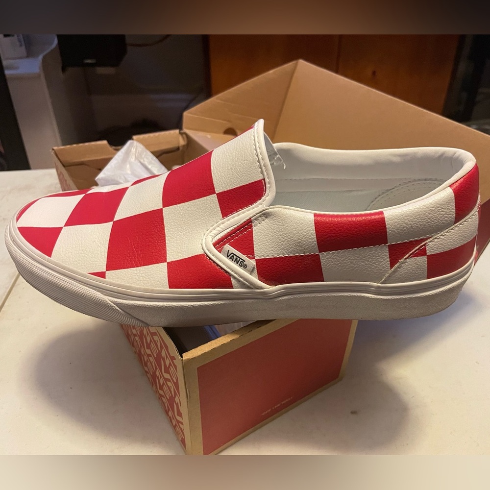 Vans Slip on Leather Red & White Check Size  12 ( run small close to an 11)